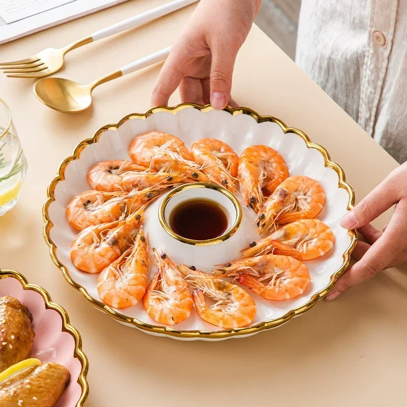 Flower Shape Dumpling Plate Ceramic Snack Platter With Dipping Dish Household Fruit Salad Disc Japanese Tableware Bowl New