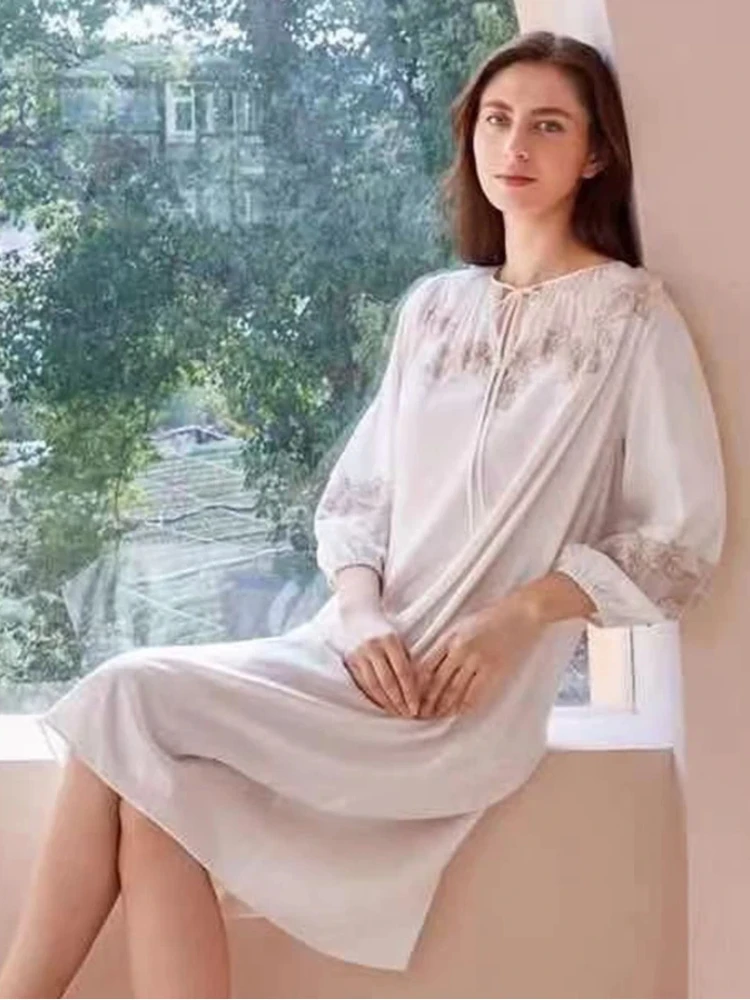 

Жаккардовая ночная рубашка из 100% тутового шелка, рукава три четверти, свободная женская ночная рубашка с круглым вырезом, милое домашнее платье принцессы, пижама