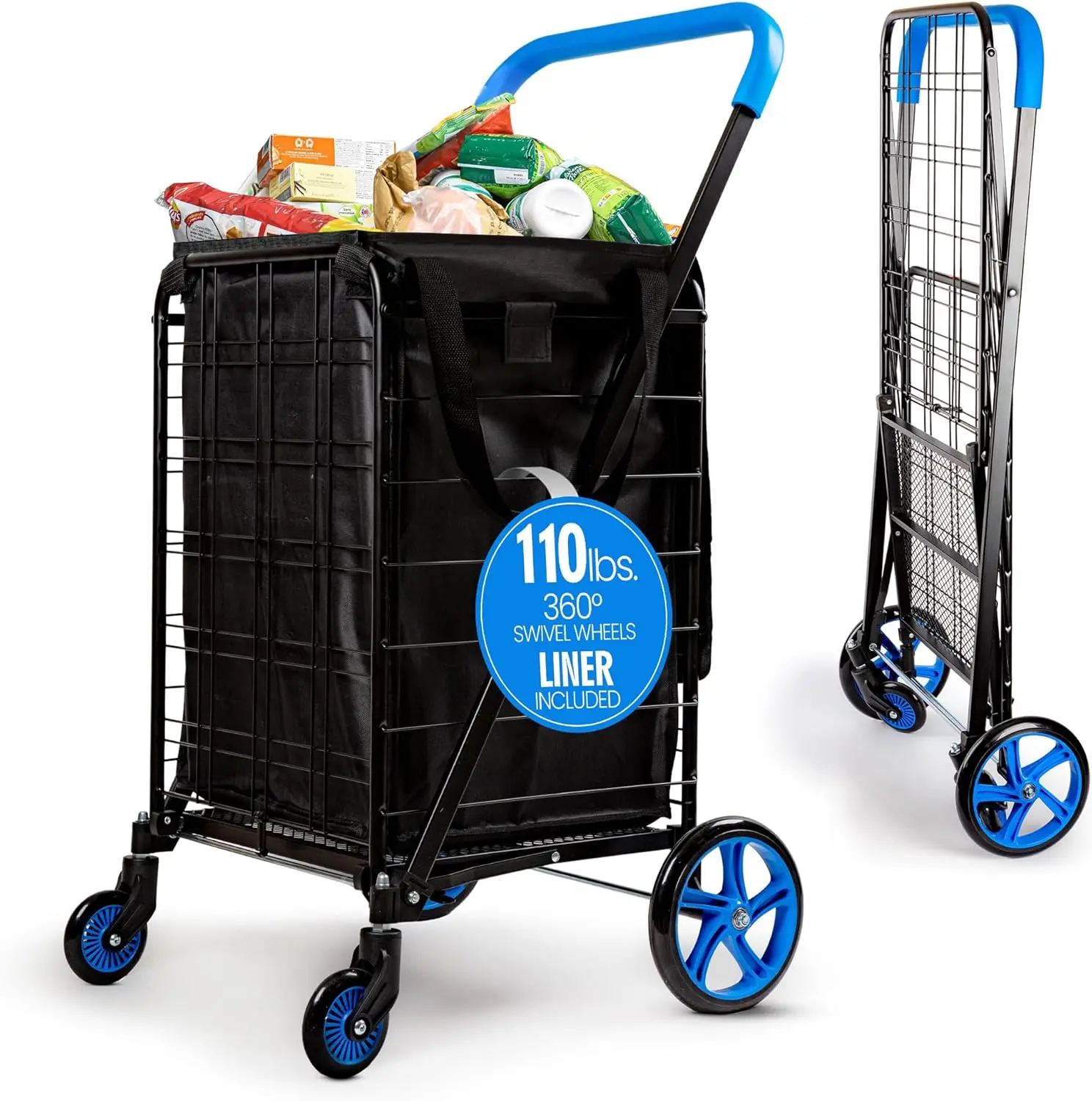 Trolley with Wheels and Waterpoof Shopping Cart Liner - Robust Heavy Duty Grocery Cart with Wheels Supports up