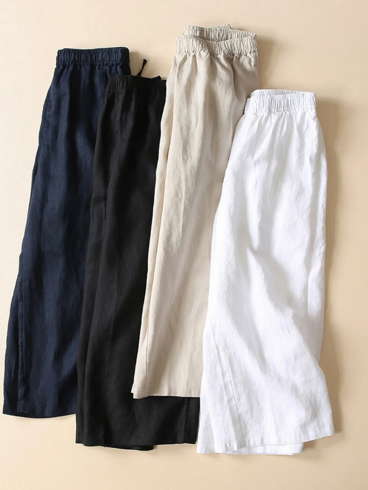 Comodi pantaloni larghi a sette piedi a gamba larga Pantaloni estivi da donna Faion Artistico in puro lino elastico in vita con taglio dritto