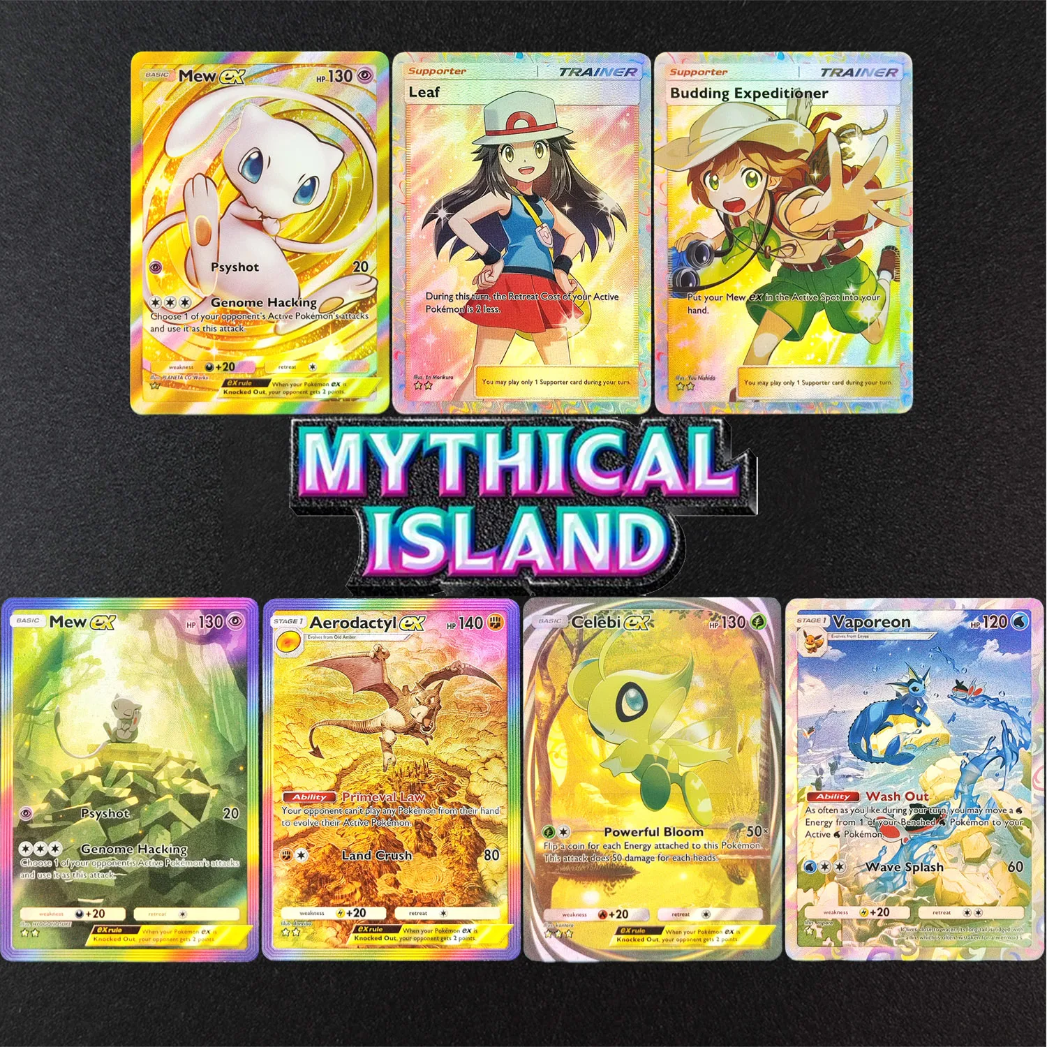 

Homemade Pokemon TCG Pocket English Mythical Island Mew Aerodactyl Vaporeon Celebi Leaf Game Collection Card Toy