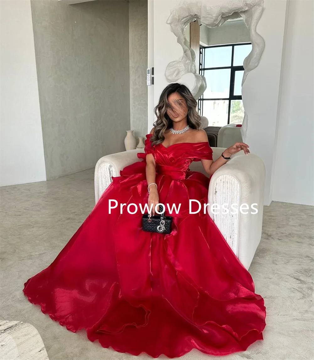 Prowow-vestido de noche árabe modesto, rojo y rosa, plisado de Organza de seda, vestido de fiesta de boda personalizado para mujer, vestido Formal largo de línea A