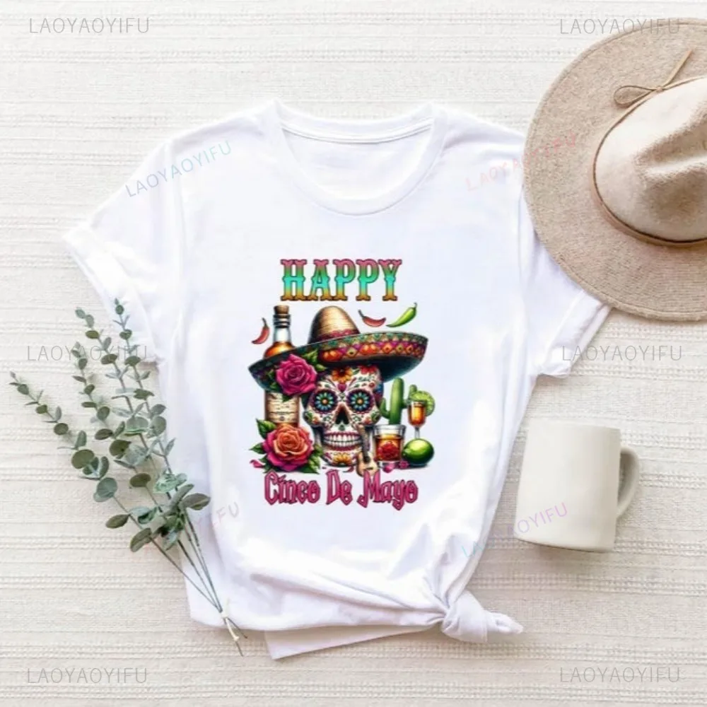 

Happy Cinco De Mayo Череп Мексиканское сомбреро Футболка Забавные сахарные черепа День мертвых Традиционная фестивальная футболка Повседневные футболки