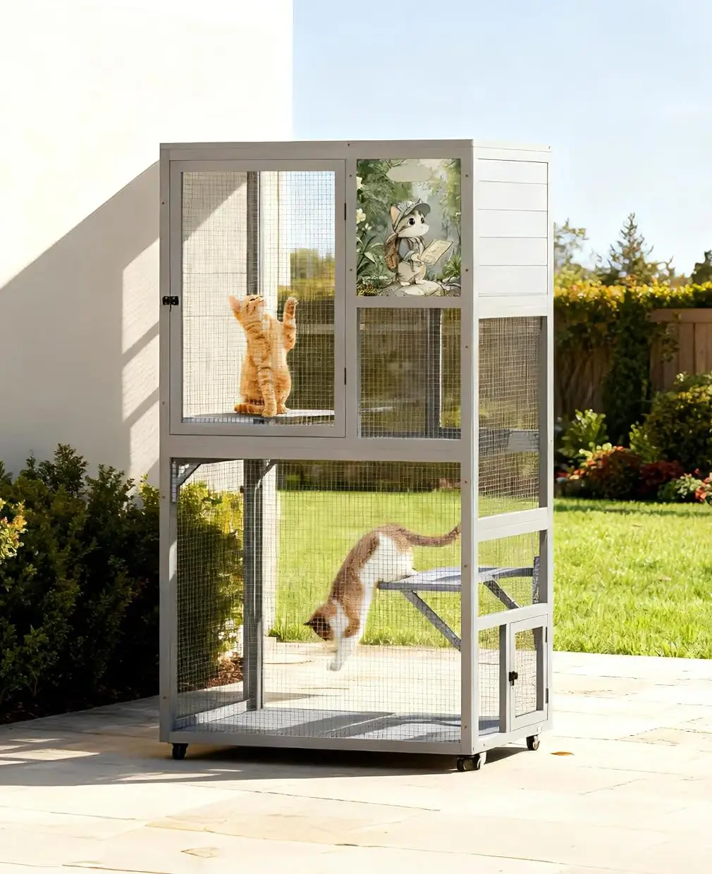Wooden Catio 35.4x28x66 Rolling Multi-Level Outdoor Cat Enclosure | Lockable rolling casters, 0.5