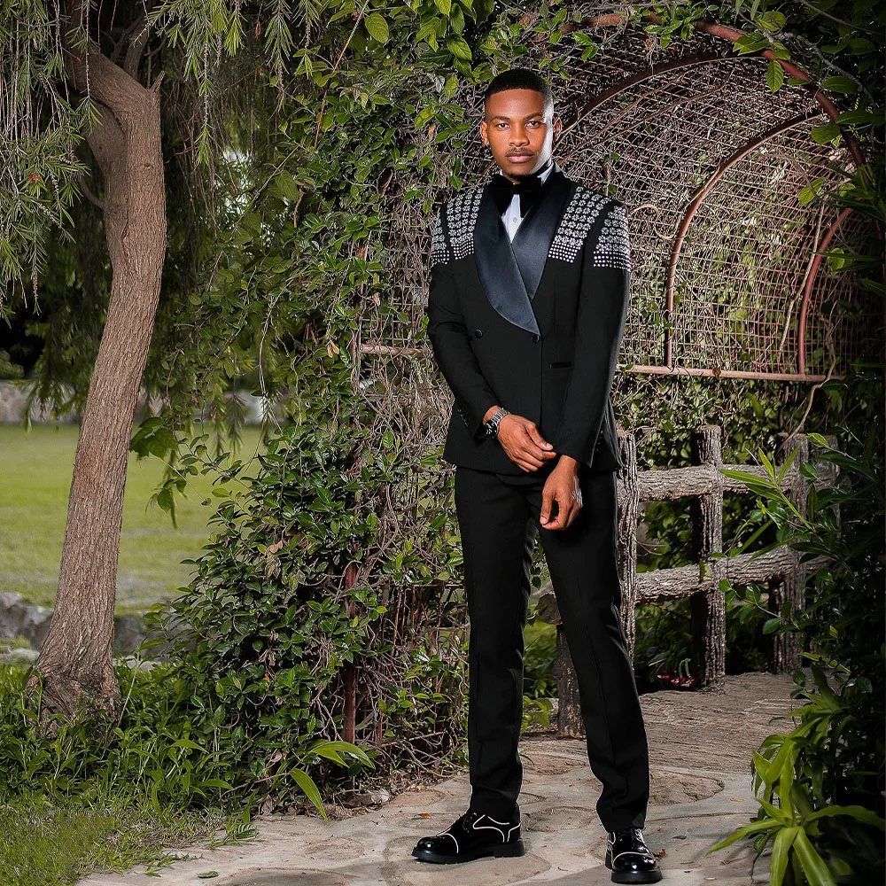 Luxury Men's Suits 2 Pieces Shawl Lapel Single Breasted Evening Suit for Man Beading Wedding Party Graduation Jacket Customized