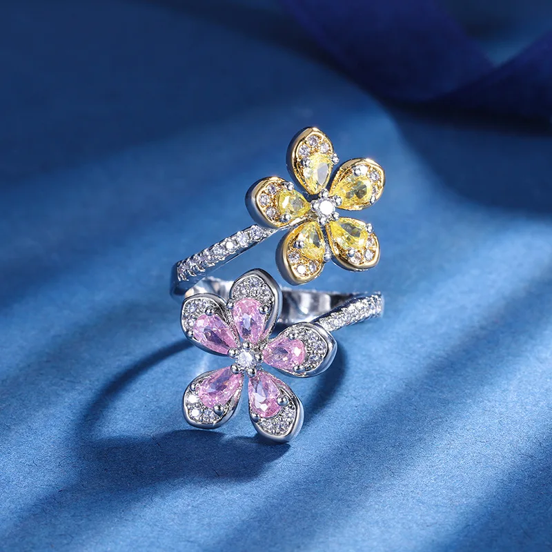 S925 Silver Plated 18K Gold Plated PT950 Platinum Yellow Diamond Pink Diamond Flower Shaped Ring Sparkling Diamond for Women