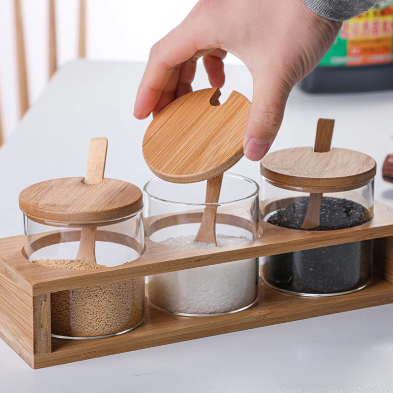 Transparent Glass Seasoning Jar with Wooden Shelf Household Salt Glutamate Chili Box Soy Sauce Vinegar Bottle Kitchen Supplies