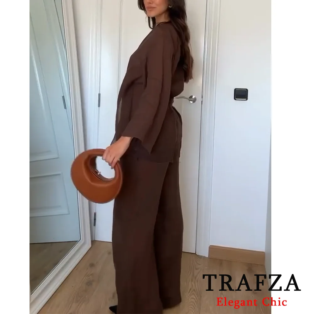 TRAFZA Casual Chic Solid 2 Piece Women Set Fashion 2024 Summer Long Sleeve Kimono Crossover Jacket+Pants NightWear Suit