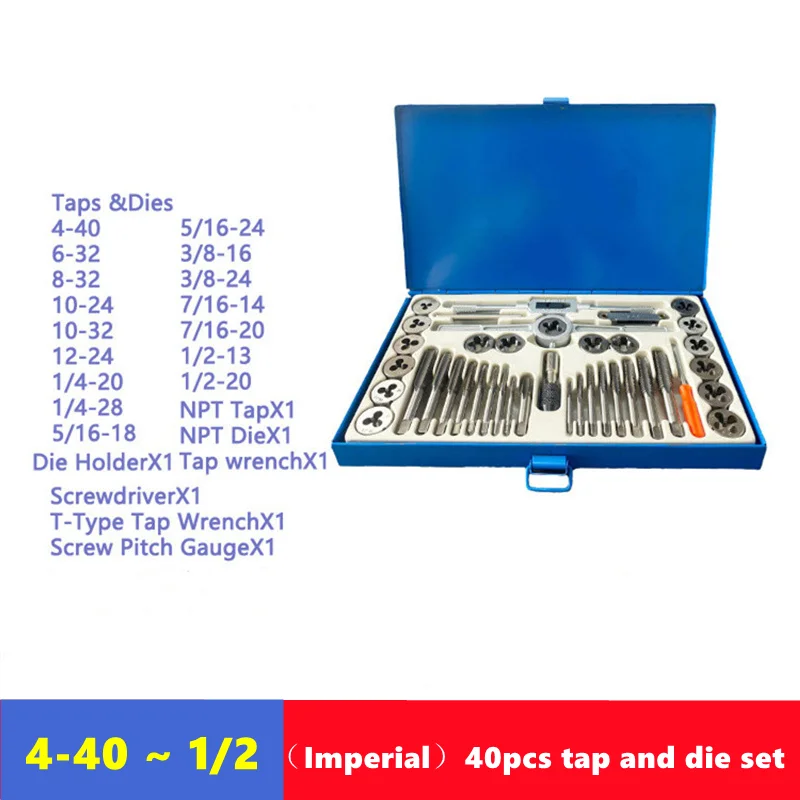 

40pcs metric and imperial tap and die set, used for manual internal and external thread tapping and repair tool combination