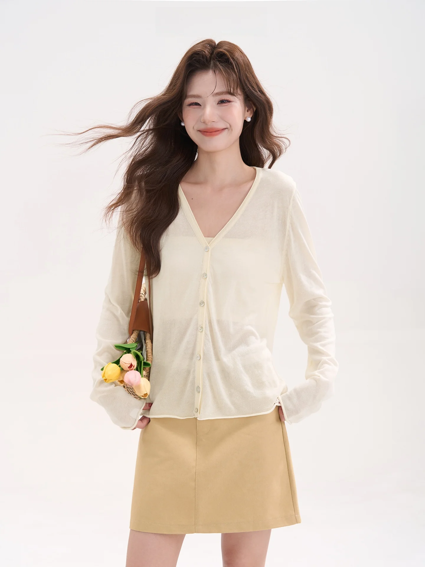 

Heme Evening Lotus Rain Thin Sunscreen Linen V-ne Knitted Open Cardigan Long Sve Top Soft Medium Gauge Knitwear