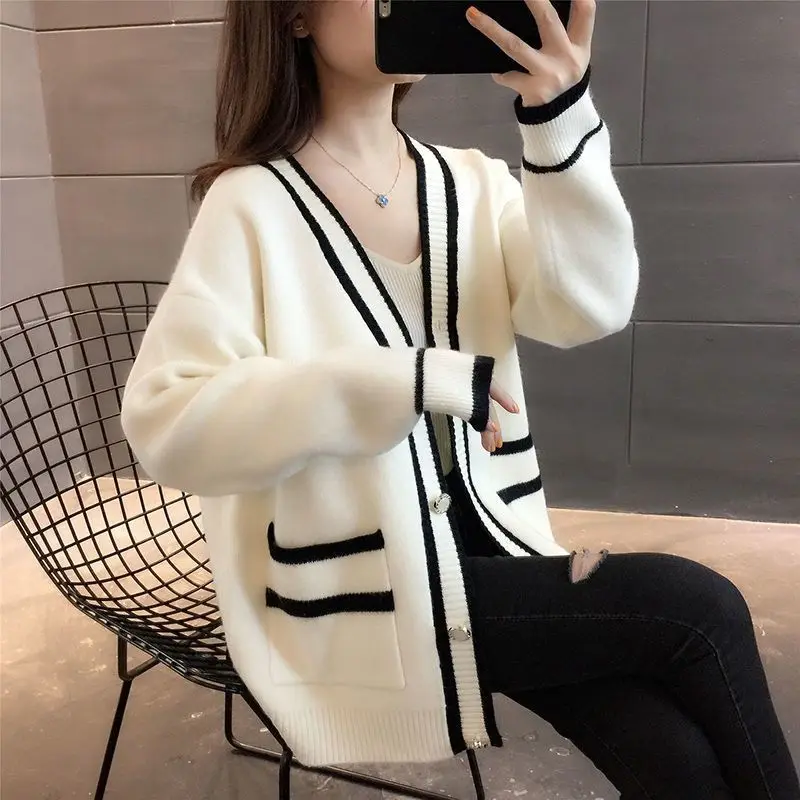 Outono inverno nova moda com decote em v manga longa retalhos cardigan roupas femininas solto botão de tricô coreano all-match chique topo