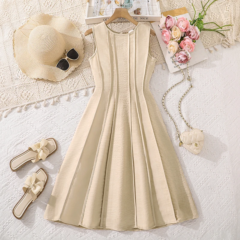 Girls 8-12 Beige Fit & Flare Dress, Front Pleated Design & Back Zip, Daily Kids Dress