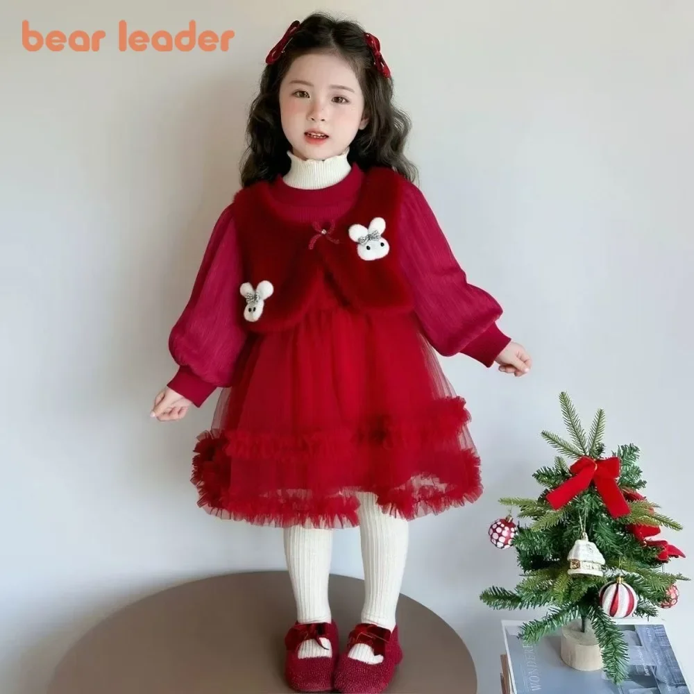

Bear Leader Red Splicing Fake Two Long Sleeved Princess Dresses New Year's and Christmas Kids Clothes Girls' Birthday Dresses