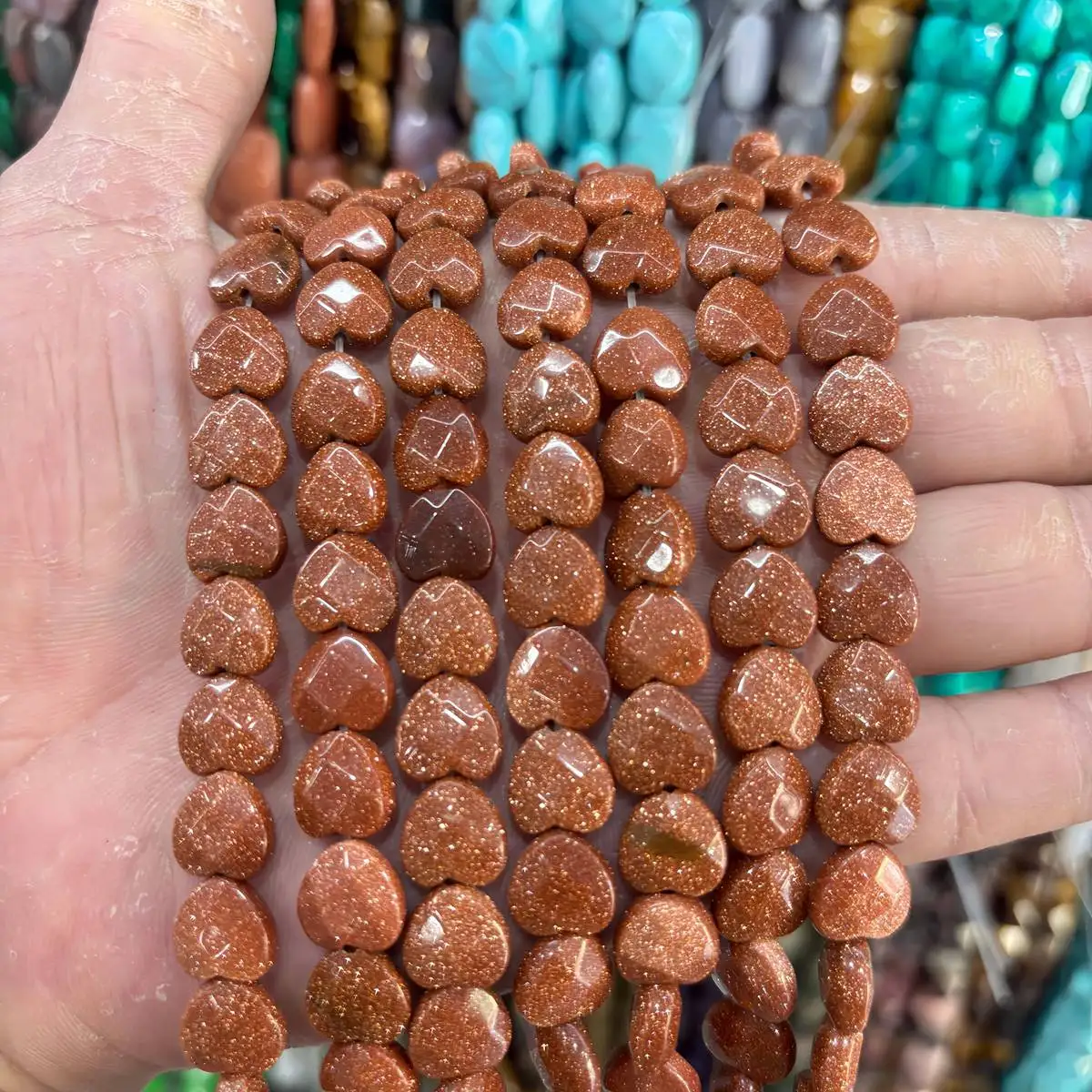 40PCS Loose 10MM Faceted Heart Red Goldstone Natural Stone Spacer Beads for Jewelry Making DIY Bracelet Necklace Earring