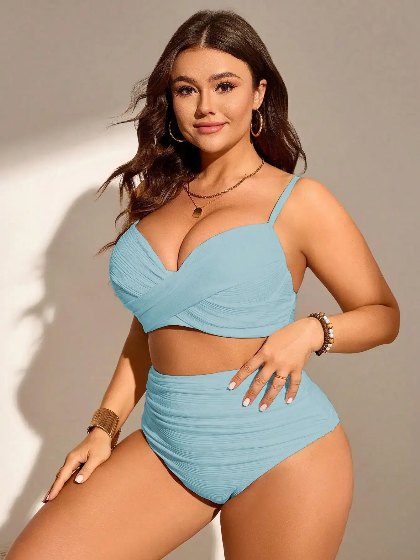 

Women Plus Size Solid Color Gather Spaghetti Strap Tankini Swimsuit Set