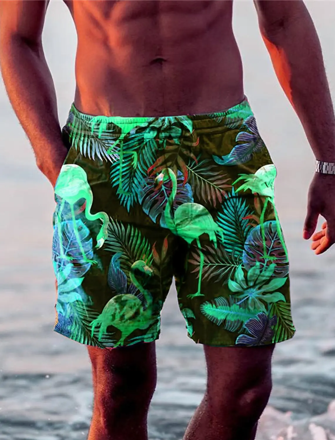 New Men's Shorts Swim Trunks Drawstring Leaf Flamingo Graphics Quick Dry Short Casual Holiday Hawaiian Micro-elastic