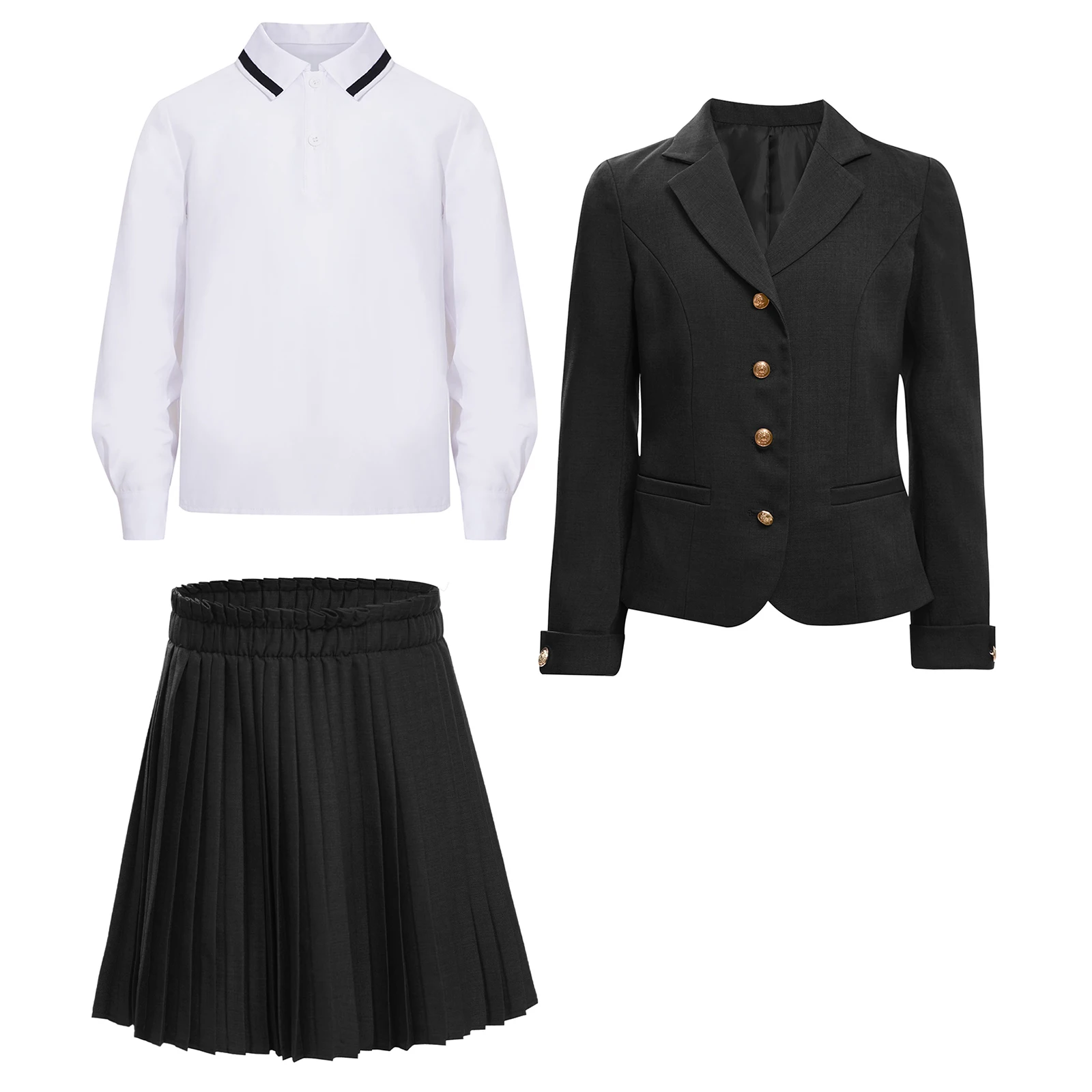 3Pcs Kids Girls School Uniform Lapel Button Down Suit Jacket with Pleated Skirt And Turn-Down Collar Long Sleeve Pullover Shirt