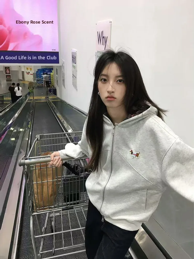 

Retro American Embroidered Plaid Splicing Hoodie Women's Loose Open Cardigan Outerwear Autumn Winter Design Sense