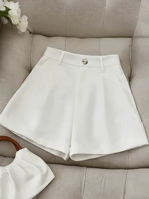 Women's A-Line Suit Shorts High Waist White Wide Leg Casual Commuter Short Trousers