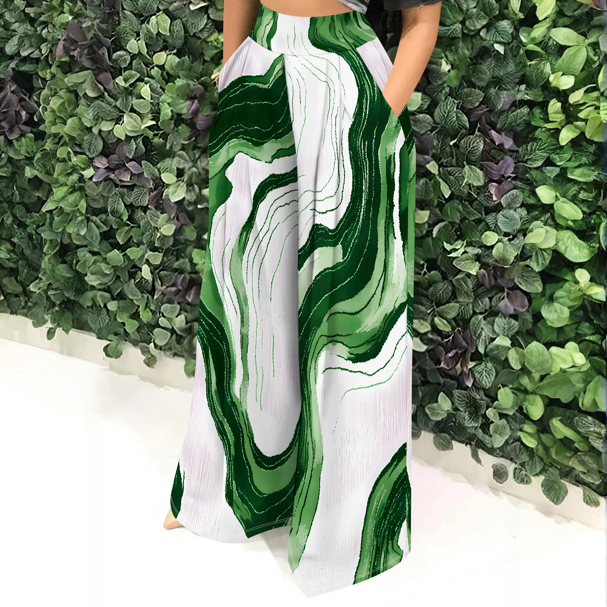 Green Marble Print High Waist Wide Leg Pants, Abstract Art Trousers, Summer Casual Palazzo Pants with Pockets for Women, S-2XL