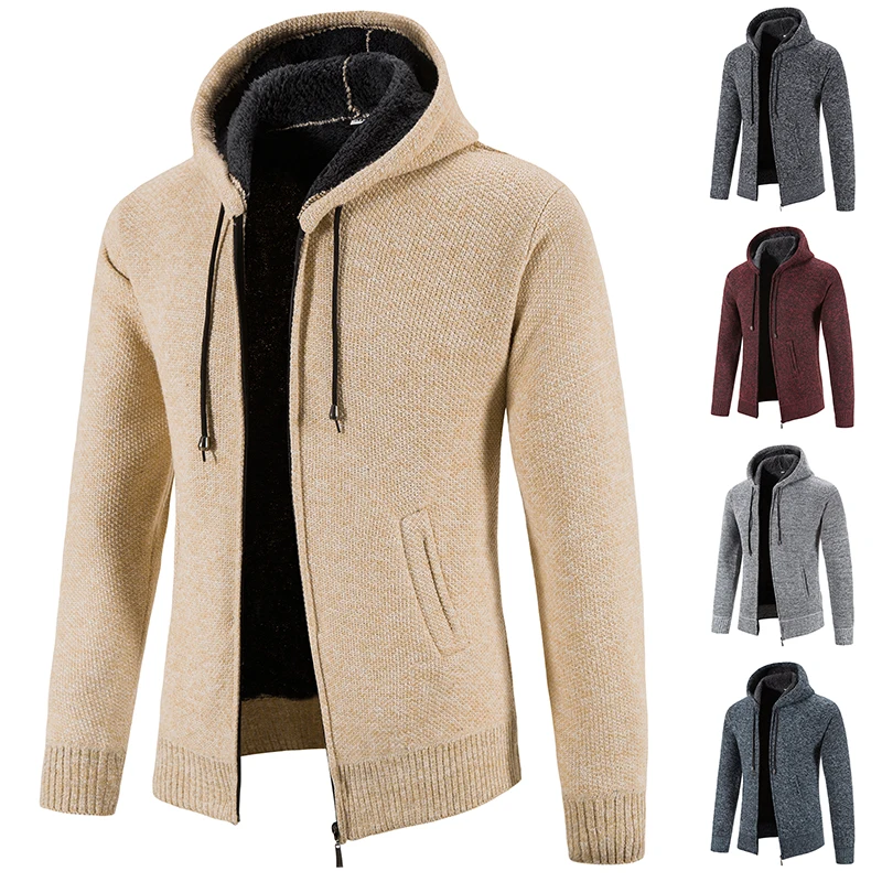 

2025 Winter Men Soild Color Sweatercoat Men Knit Cardigan Coat Men Fleece Knitted Hooded Sweater Jackets Man Casual Outerwear