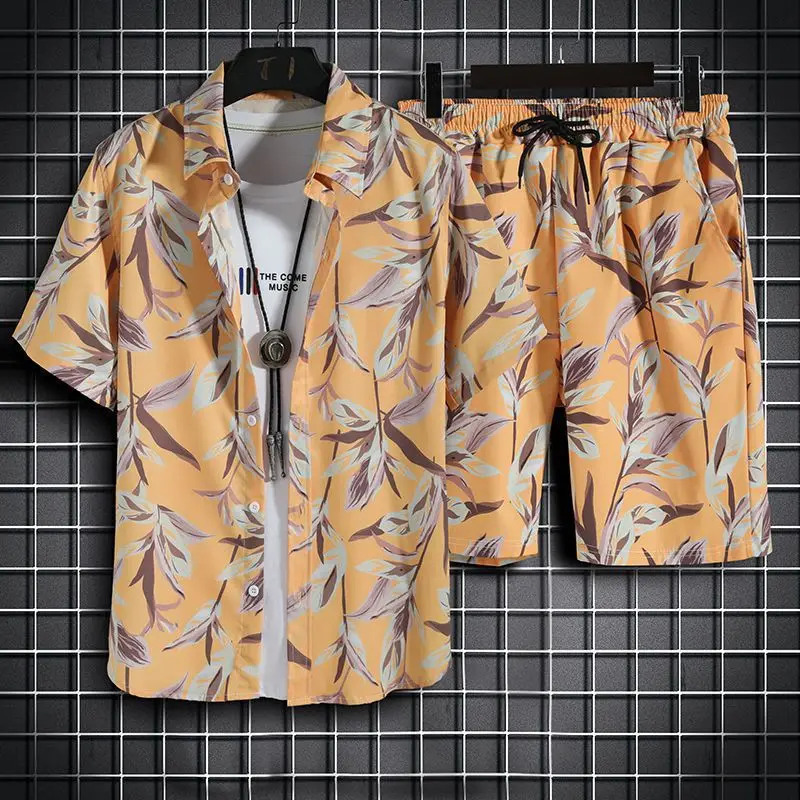 Пляжная одежда для мужчин, комплект из 2 предметов, гавайская быстросохнущая рубашка и шорты, Мужская модная одежда с принтом, Повседневная летняя одежда