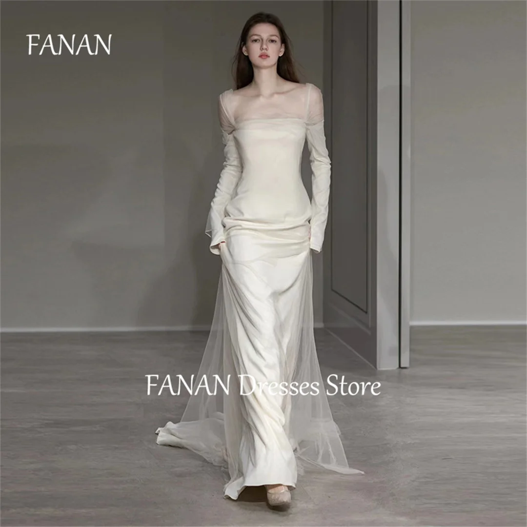 

FANAN Korea Long Sleeve Square Collar Wedding Dresses Sheath 웨딩드레스 Ivory Sexy Backless Satin Customized Bride Gowns Plus Size