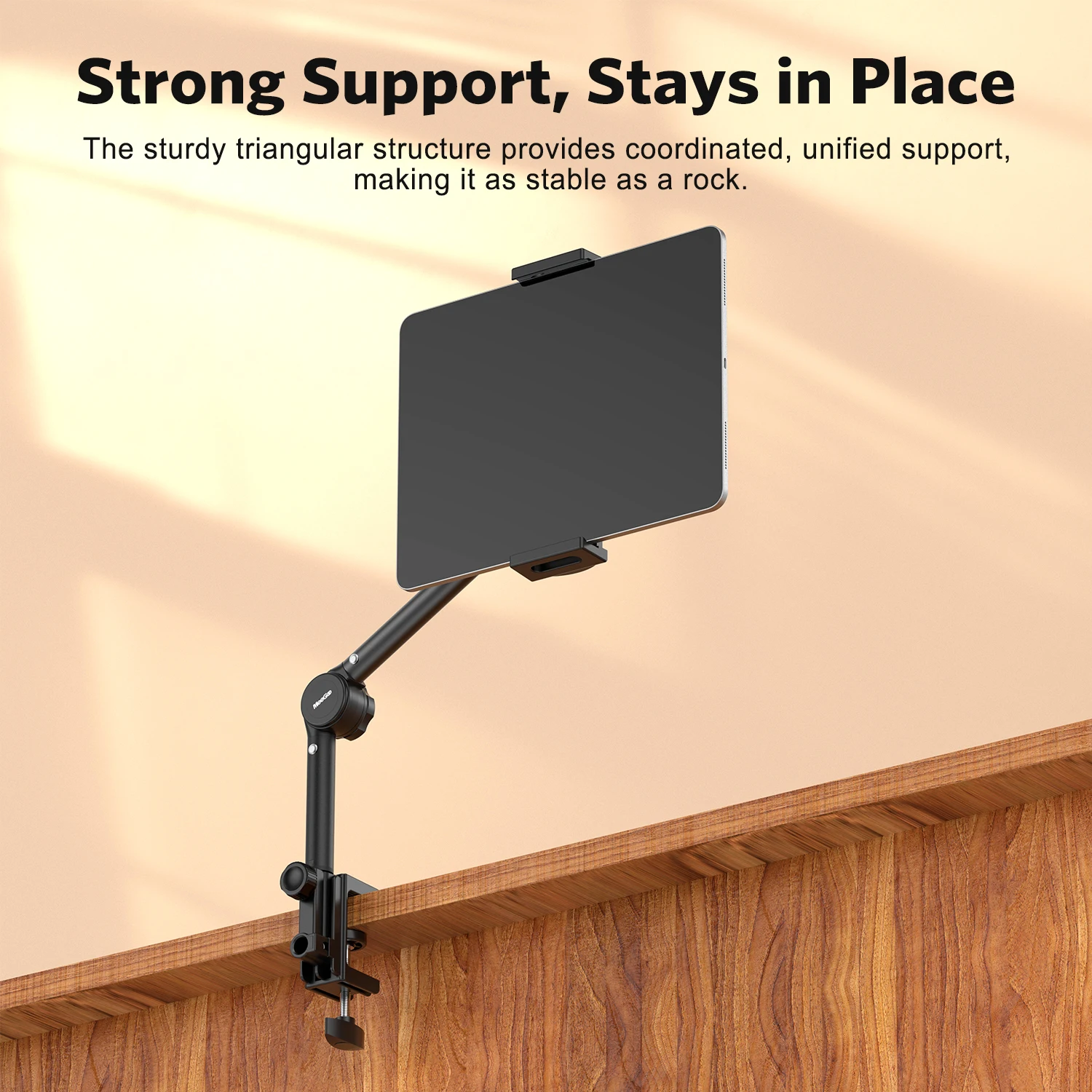 MeeGoo 360° Rotatable Cantilever Lazy Stand, Aluminum Alloy, Spiral Lock Base, for Phone/Tablet, 22cm+10cm Adjustable Arm, Black