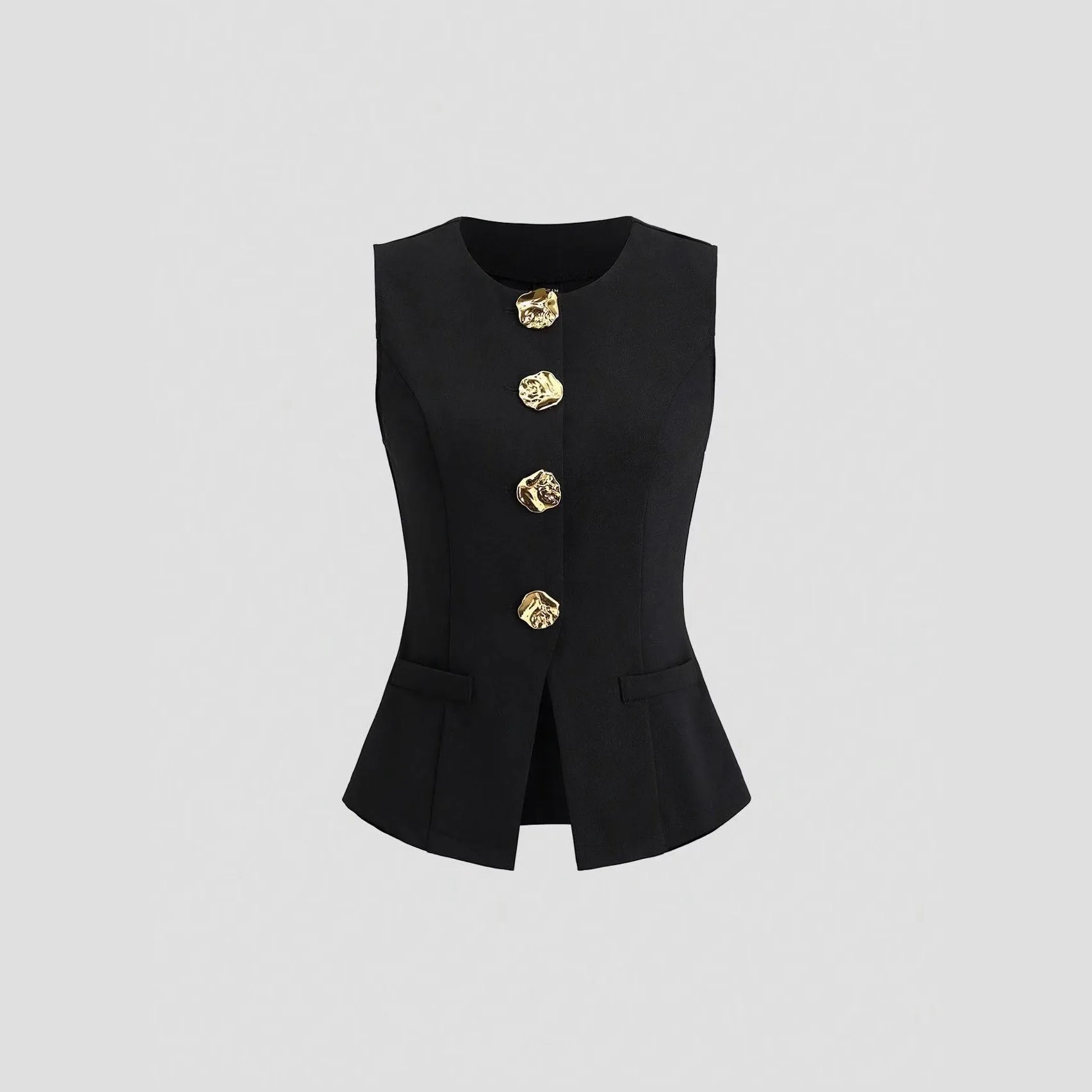 Women's Round Neck Sleeveless Vest Rose Gold Buttons Fitted Waistcoat Elegant Slim Tailored Tank Top for Office Daily Wear Vests
