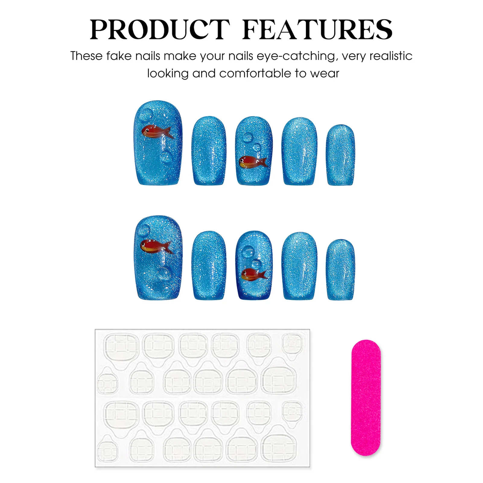 أظافر مزيفة ذهبية صغيرة مصنوعة يدويًا ، رأس باليه ، اضغط عليها ، أزرق لامع ، تصميم عين القط ، متوسط الطول ، 10 * * #4