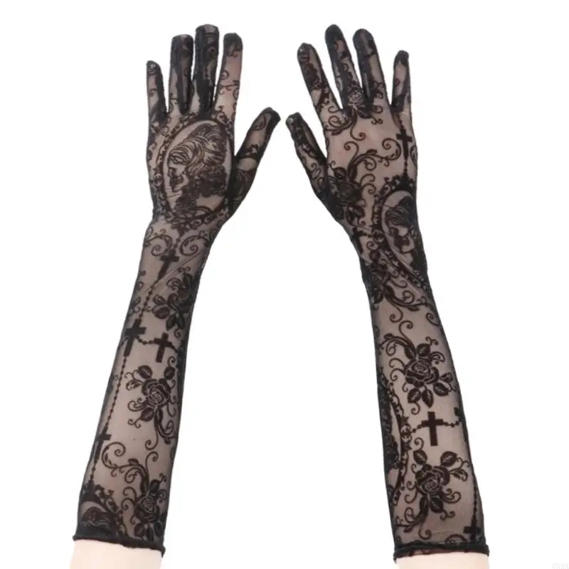 

Breathable Gothic Lace Gloves With Skeleton Crosses Design For Halloween Cosplay 6XDA