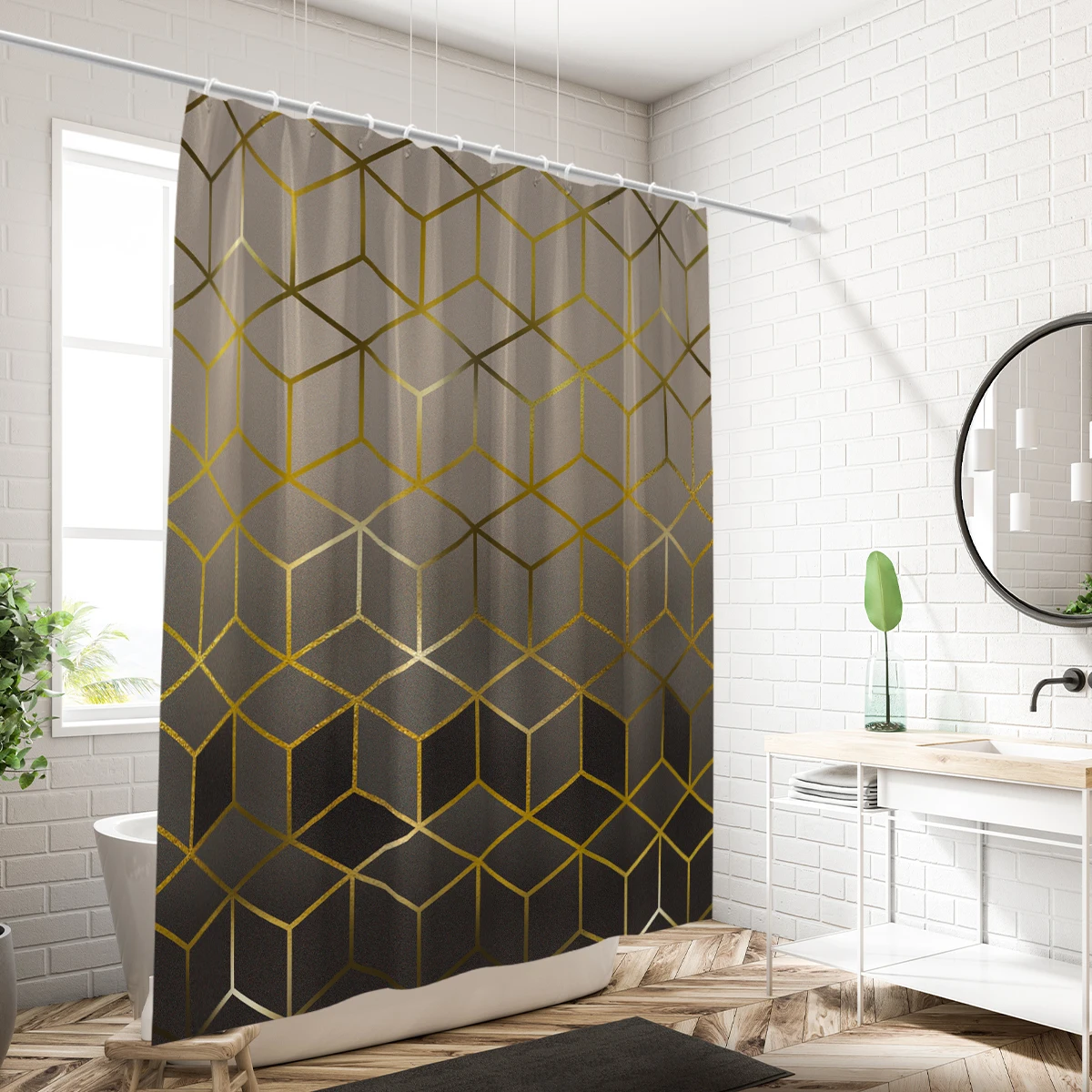 1PC brown gradient plaid pattern printed shower curtain, waterproof, washable, with 12 hooks, bathroom shower, bathtub, home use