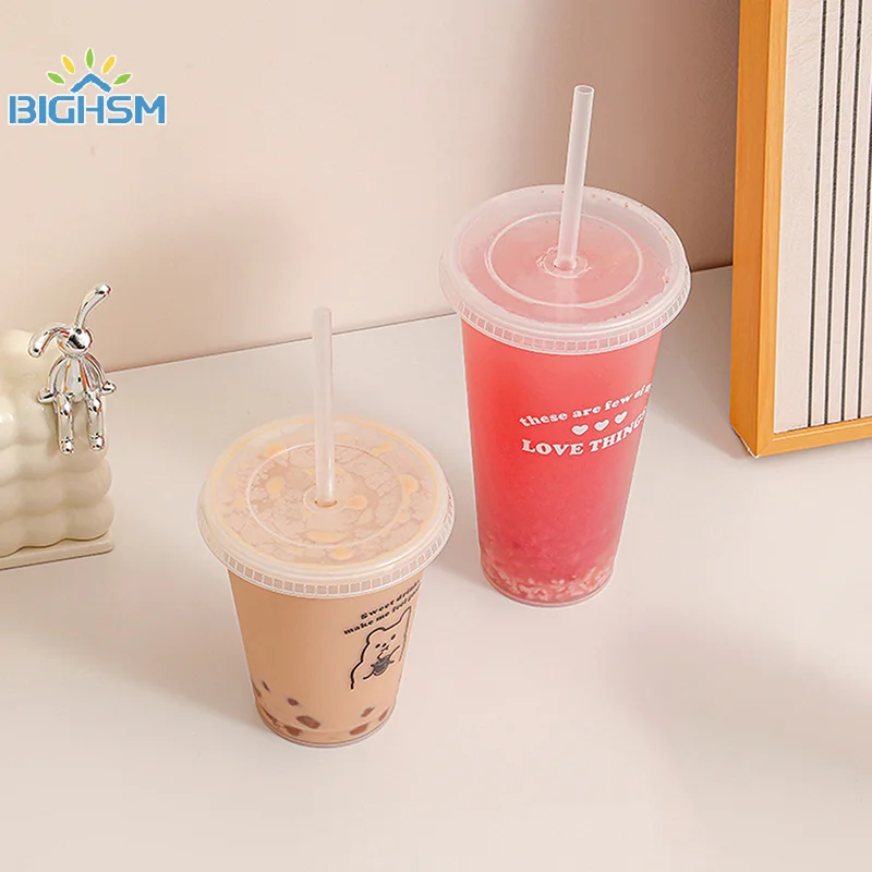 Kawaii Water Bottle For Coffee Juice Milk Tea Cute Plastic Cold Cups With Straw Lid Portable Reusable Drinking Bottle BPA Free
