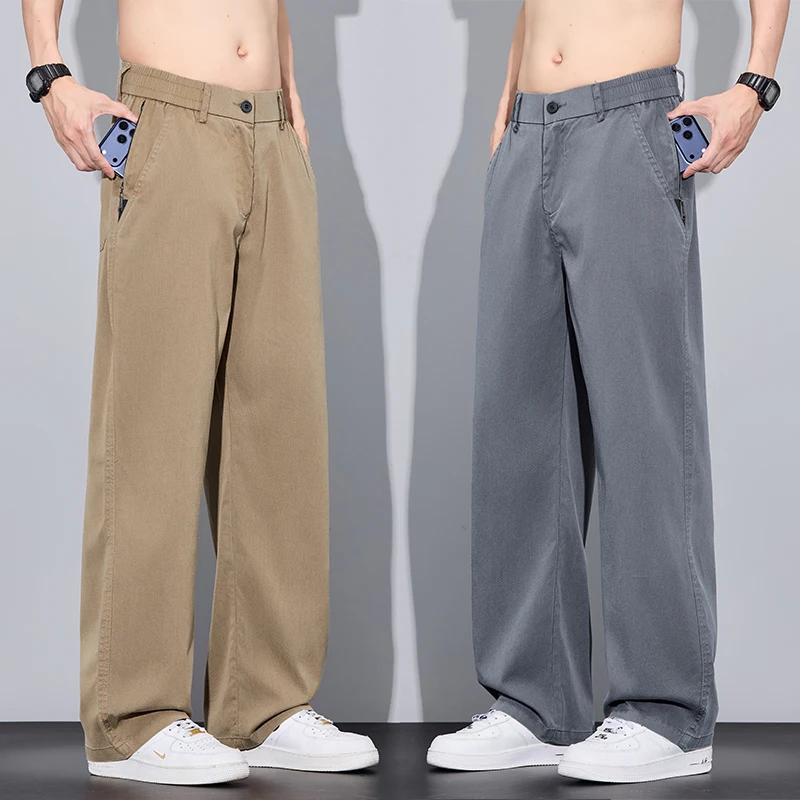 Sommerliche ultradünne Lyocell-Freizeithose für Herren, weich, atmungsaktiv, locker, gerade geschnitten, koreanische Hose mit Anti-Diebstahl-Taschen-Design