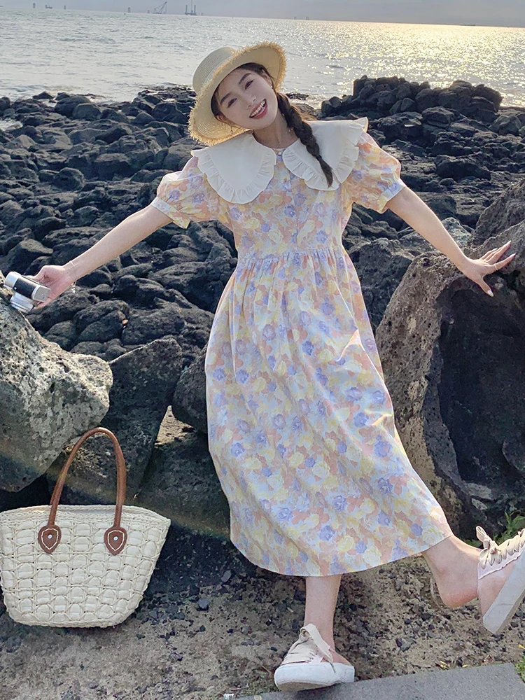 فستان صيفي جديد بطبعة زهور طويل للنساء، فستان ماكسي كاجوال بتصميم عتيق بخصر مرتفع وقصة A-Line وأكمام قصيرة