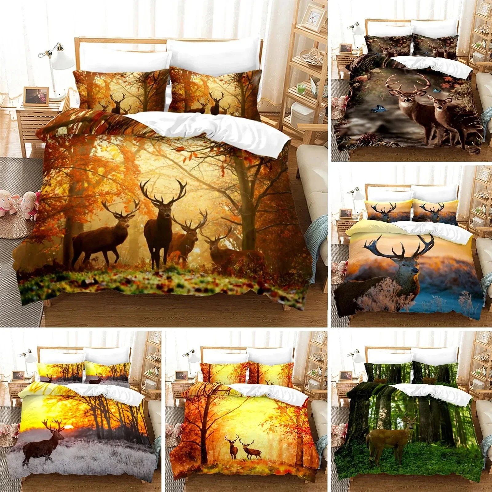 

Sunset Wildlife Deer Duvet Cover Elk Giraffe Bedding Set Animal Theme Comforter Cover Full King For Teen Boys Girl Bedroom Decor