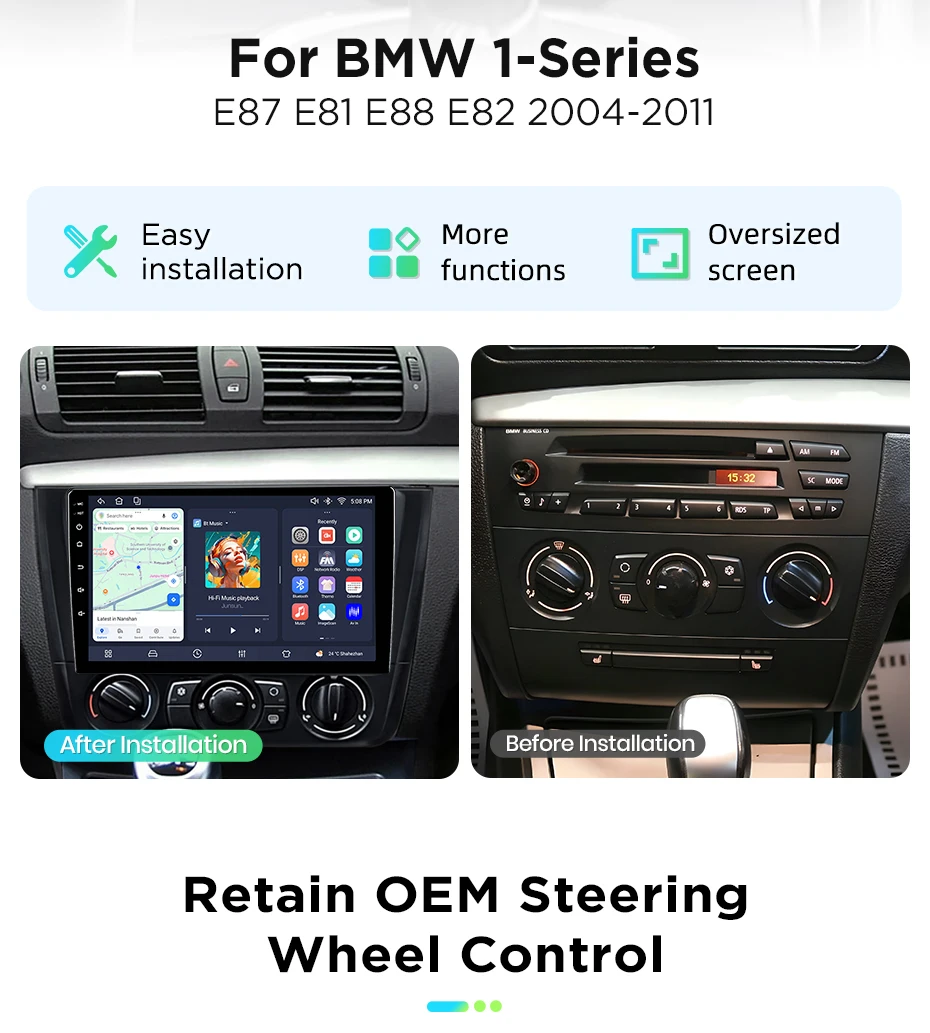 Junsun Kabelloses CarPlay Android Auto Autoradio für BMW 1er-Serie E87 E81 E82 E88 2004-2011 2 DIN Multimedia-Stereoanlage mit Eingebautem Lüfter GPS-Navigation SWC Bluetooth FM RDS DSP IPS-Bildschirm Intelligente Fahrzeugnavigation – Detail 8