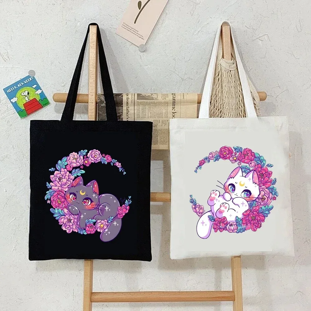 Kawaii Cat Printed Canvas Tote Bag Floral Wreath Sparkle Patterns Perfect for Casual Outings Stylish Reusable Shoulder Bag