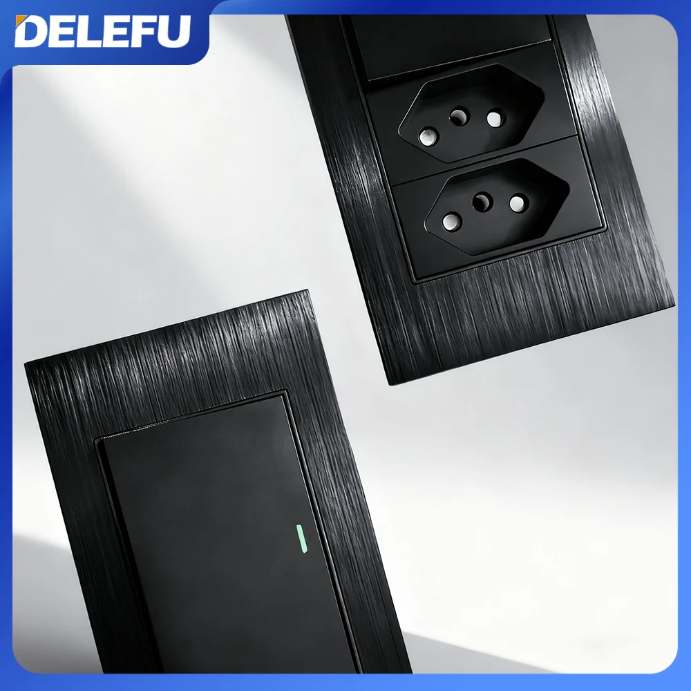 DELEFU- Stainless steel black panel series Brazil standard switch 10A socket Computer USB Type C wall power socket