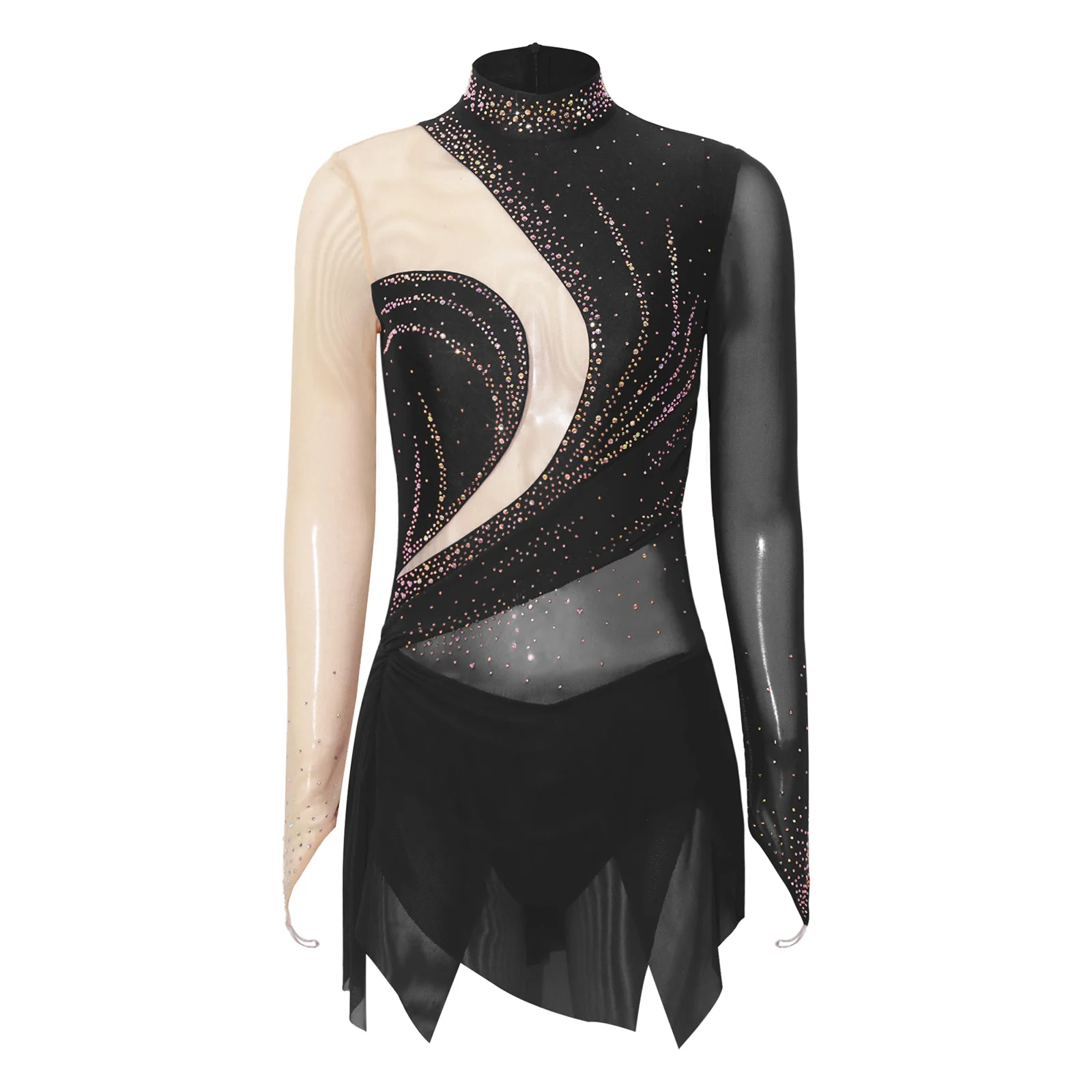 

Women Figure Skating Rhinestones Bodysuit Dress Sheer Mesh Long Sleeve Mock Neck Blocking Dress for Gymnastics Latin Dance