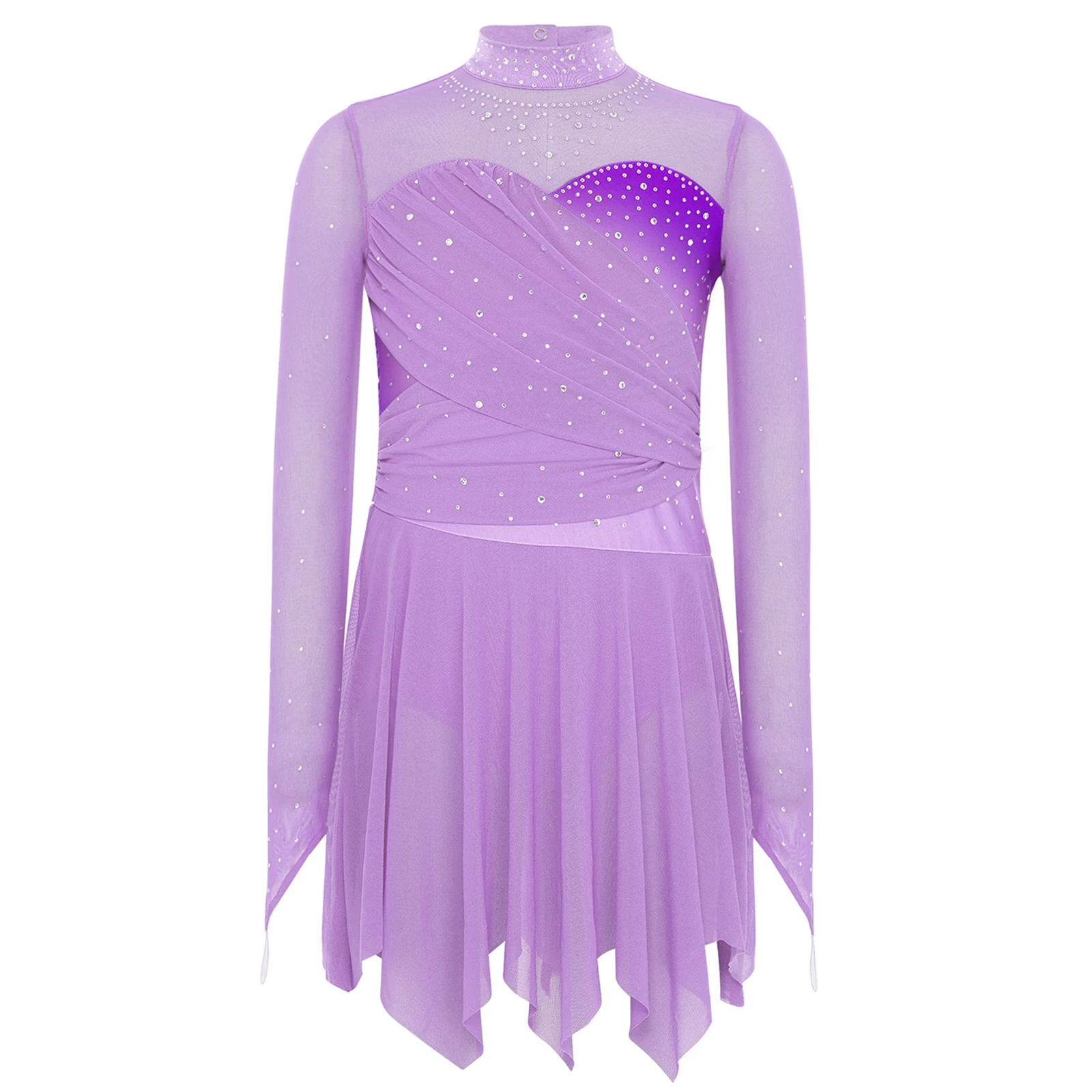 6-16Y Girls Figure Skating Lyrical Dance Ballet Gymnastics Acrobatics Leotard Dress Long Sleeve Rhinestones Sheer Mesh Dancewear