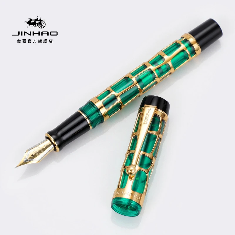 

Jinhao 100 Green Resin Barrel Golden Trim Tiny Squares Fountain Pen Fine Nib W/Converter Business Office & School Supplies