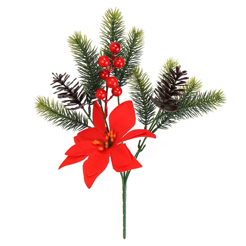 Artificial Poinsettia Flowers Christmas Floral Poinsettia Pine Cones Red Berry Stem for Xmas Tree DIY 2026 New Year Party Decor