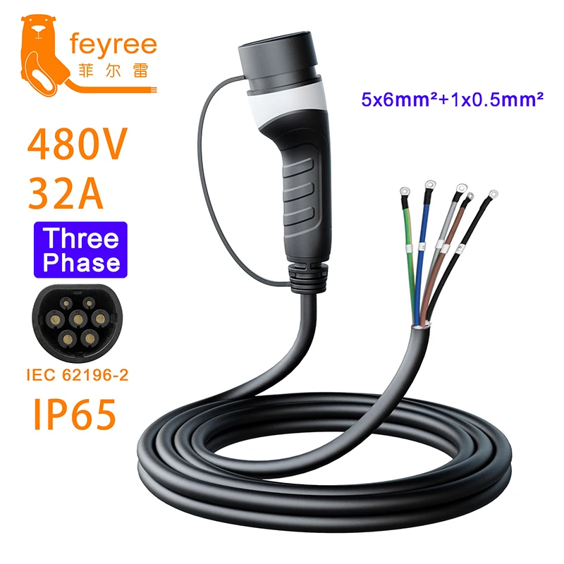 Feyree 3Phase for Electric Vehicle Type2 Socket 5m Cable 16A 3.5kW 32A 7kW EV Charger Plug1Phase for Car Side 16A 11kW 32A 22kW