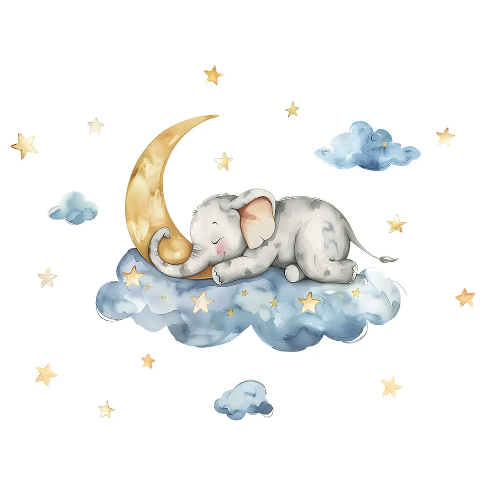 Cartoon Elephant Cloud Moon Star Good night Children's Room Kindergarten Wall Sticker For Kids Room Decor decals Poster Mural