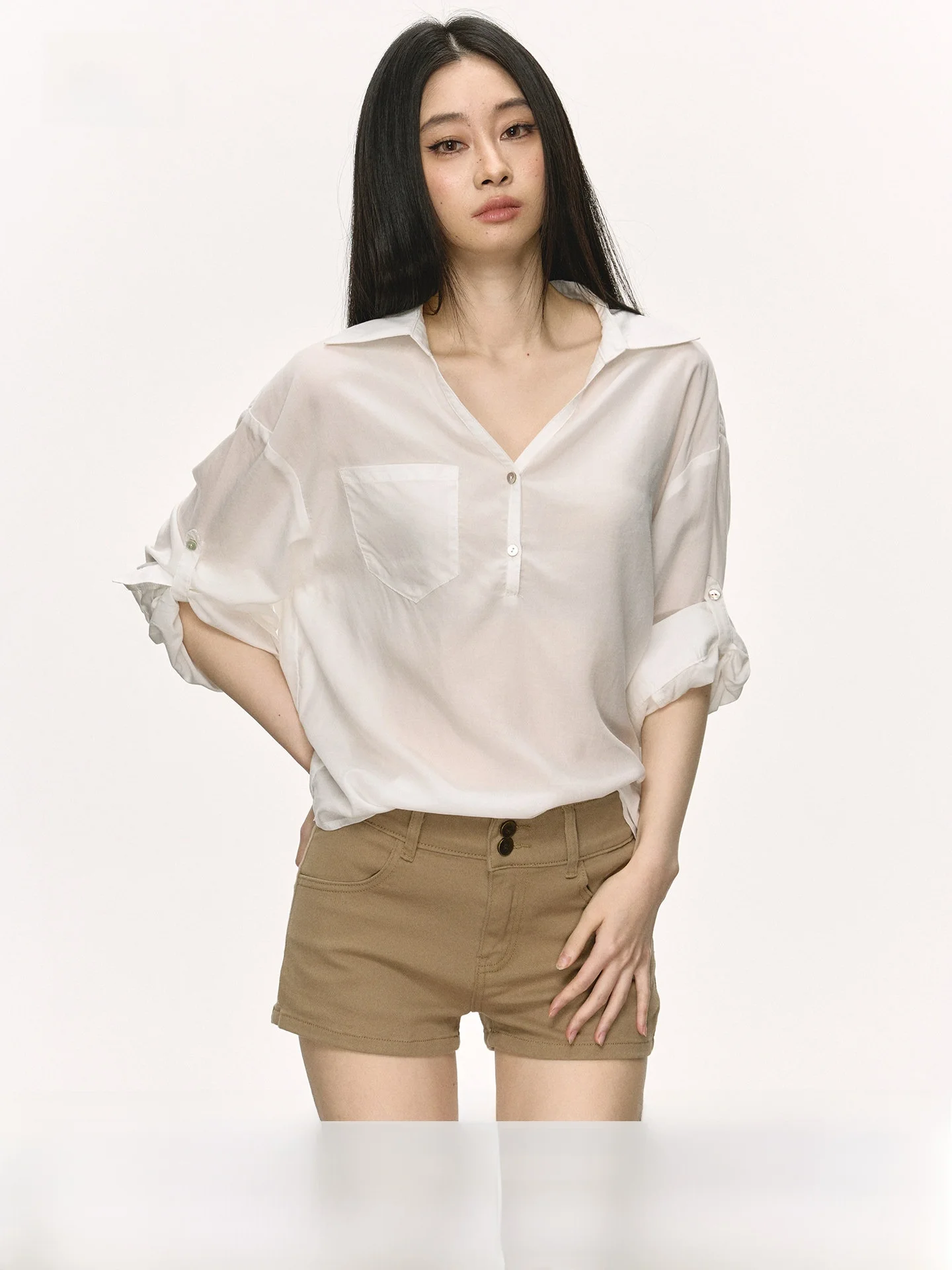 

Anna Aneae Summer Loose V-neck Silk Linen Shirt Women Casual Style Sun Protection Loose Slimming Comfortable Top