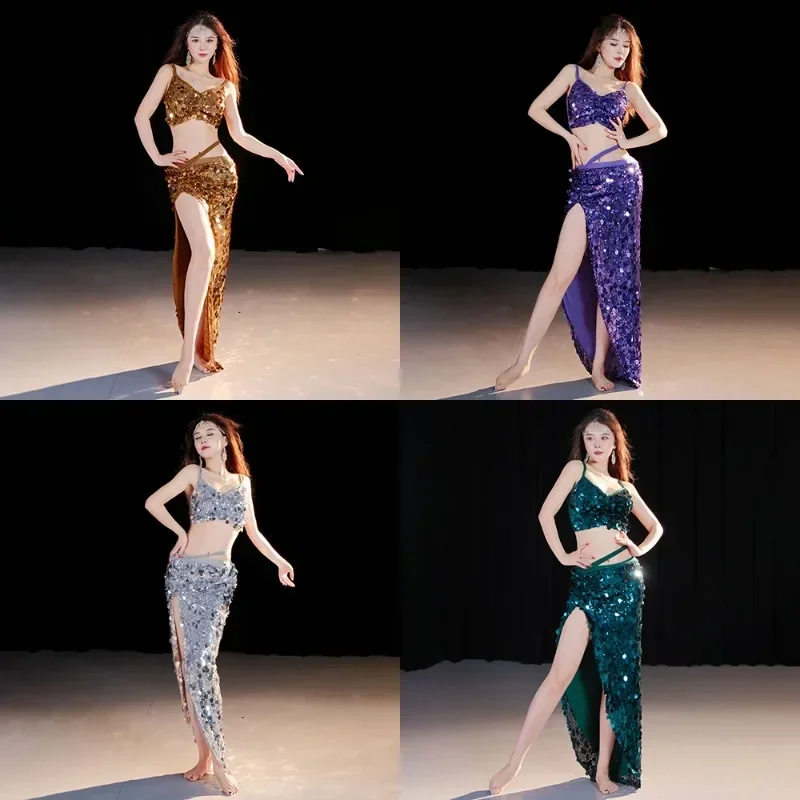 Women's Bellydance Mermaid Sequin Costume Set Bra Top Side Split Skirt Solo Drum Competition Stage Performance Wear