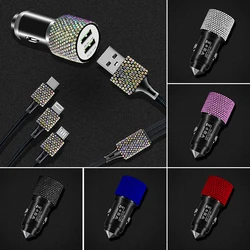 3 in 1 Car Charger 5V 2.4A Diamond Fast Charging Cable for iPhone Android Type-C Phone Car Bling Accessories For Woman