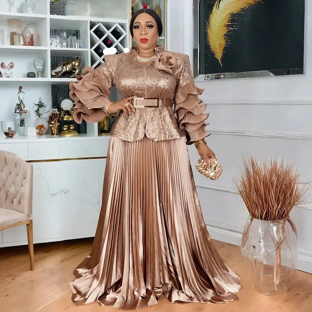 الملابس الأفريقية للنساء 2 قطعة مجموعات بلوزات وتنانير الدعاوى الترتر Dashiki أنقرة وتتسابق ثوب حجم كبير فساتين حفلات الزفاف #3