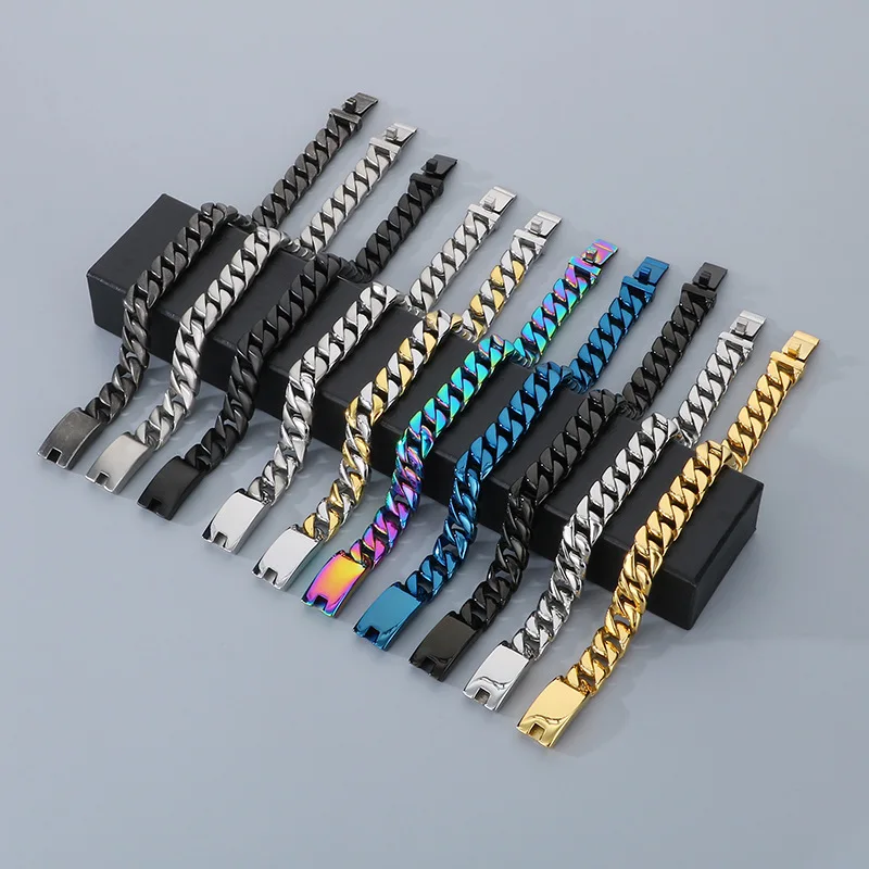 

12MM Punk Rainbow Curb Cuban Chain Bracelet Men Women Hiphop Black Blue Gold Color Stainless Steel Bike Biker Bangle Jewlery